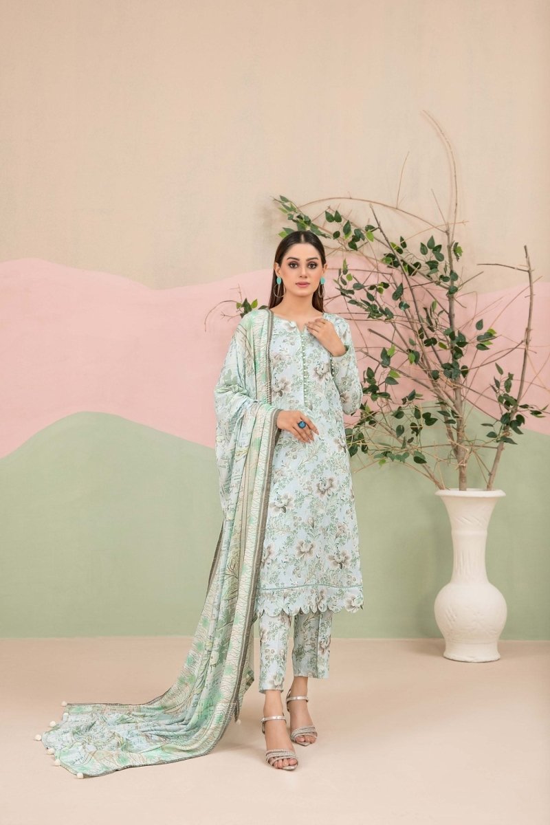 Tawakkal Fabrics 3 Piece Stitched Boti Embroidered Digital Printed Leather Peach Suit - D-9776
