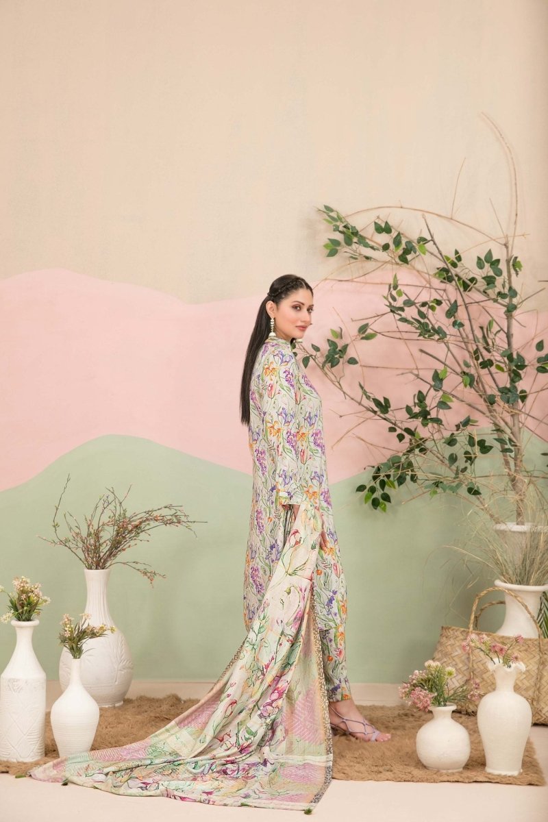 Tawakkal Fabrics 3 Piece Stitched Boti Embroidered Digital Printed Leather Peach Suit - D-9778