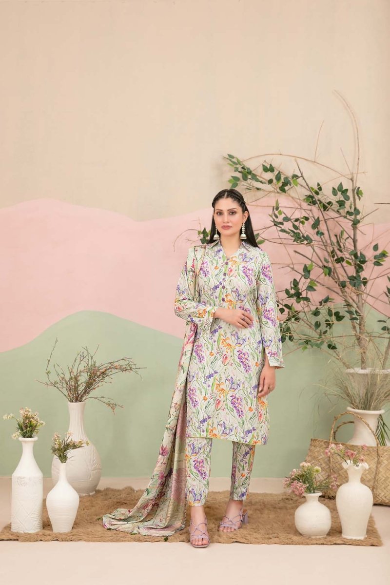 Tawakkal Fabrics 3 Piece Stitched Boti Embroidered Digital Printed Leather Peach Suit - D-9778