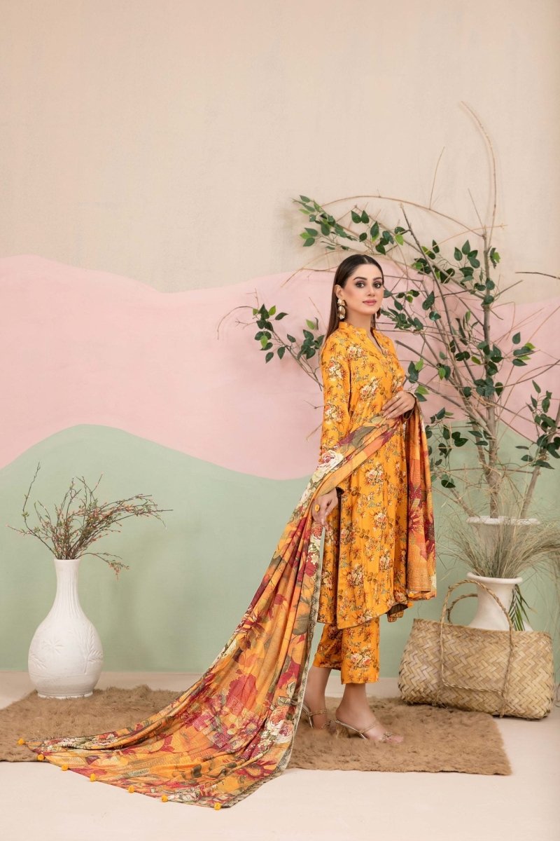 Tawakkal Fabrics 3 Piece Stitched Boti Embroidered Digital Printed Leather Peach Suit - D-9780