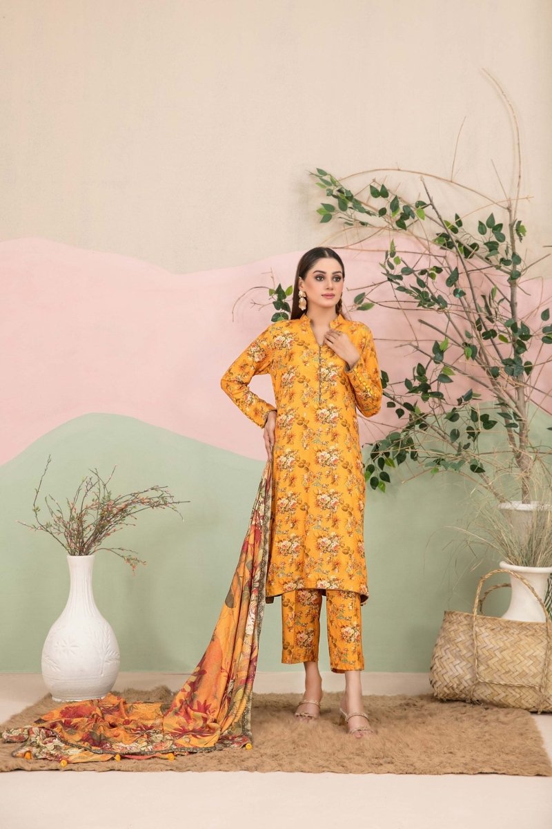 Tawakkal Fabrics 3 Piece Stitched Boti Embroidered Digital Printed Leather Peach Suit - D-9780