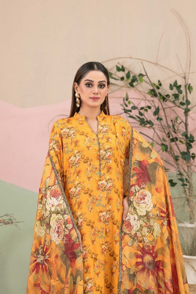 Tawakkal Fabrics 3 Piece Stitched Boti Embroidered Digital Printed Leather Peach Suit - D-9780