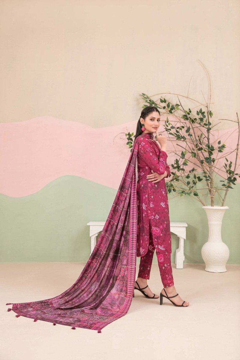 Tawakkal Fabrics 3 Piece Stitched Boti Embroidered Digital Printed Leather Peach Suit - D-9782