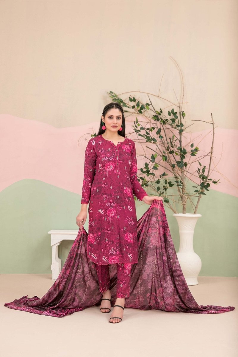 Tawakkal Fabrics 3 Piece Stitched Boti Embroidered Digital Printed Leather Peach Suit - D-9782