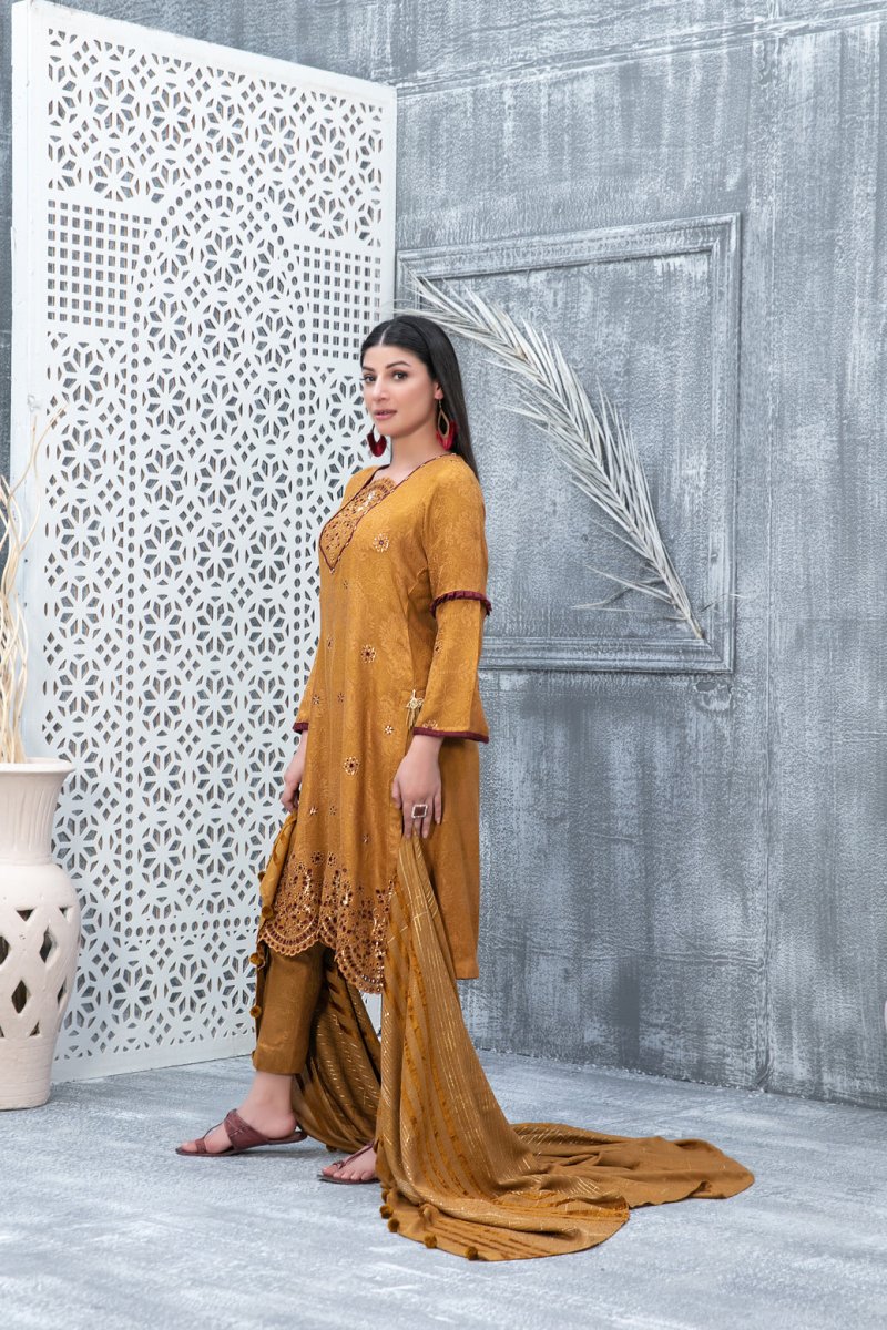 Tawakkal Fabrics 3 Piece Stitched Boti with Daman Boring Embroidered Leather Peach Jacquard Suit D-9837