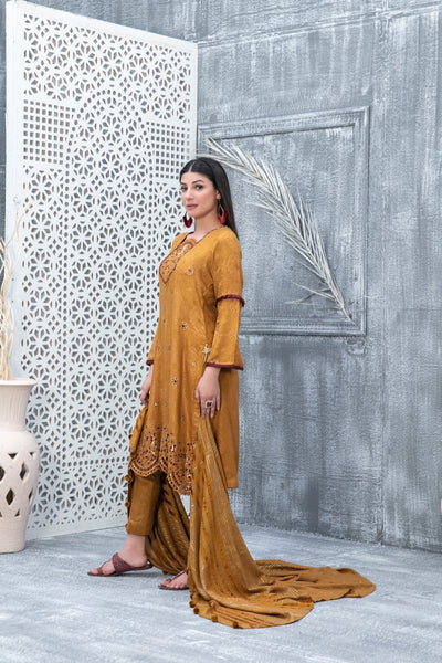 Tawakkal Fabrics 3 Piece Stitched Boti with Daman Boring Embroidered Leather Peach Jacquard Suit D-9837