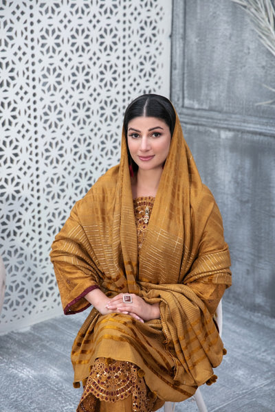 Tawakkal Fabrics 3 Piece Stitched Boti with Daman Boring Embroidered Leather Peach Jacquard Suit D-9837