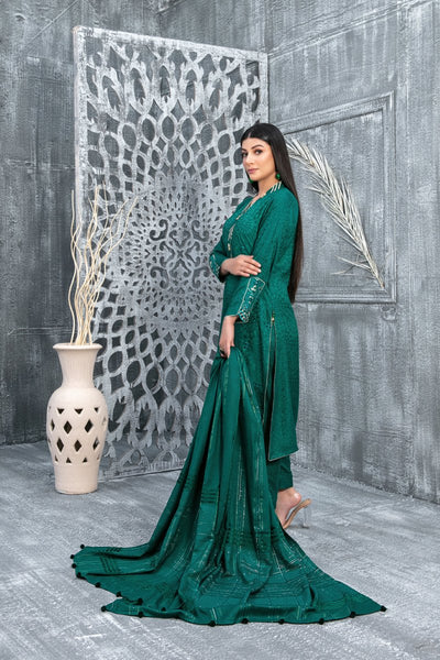 Tawakkal Fabrics 3 Piece Stitched Boti with Daman Boring Embroidered Leather Peach Jacquard Suit D-9838