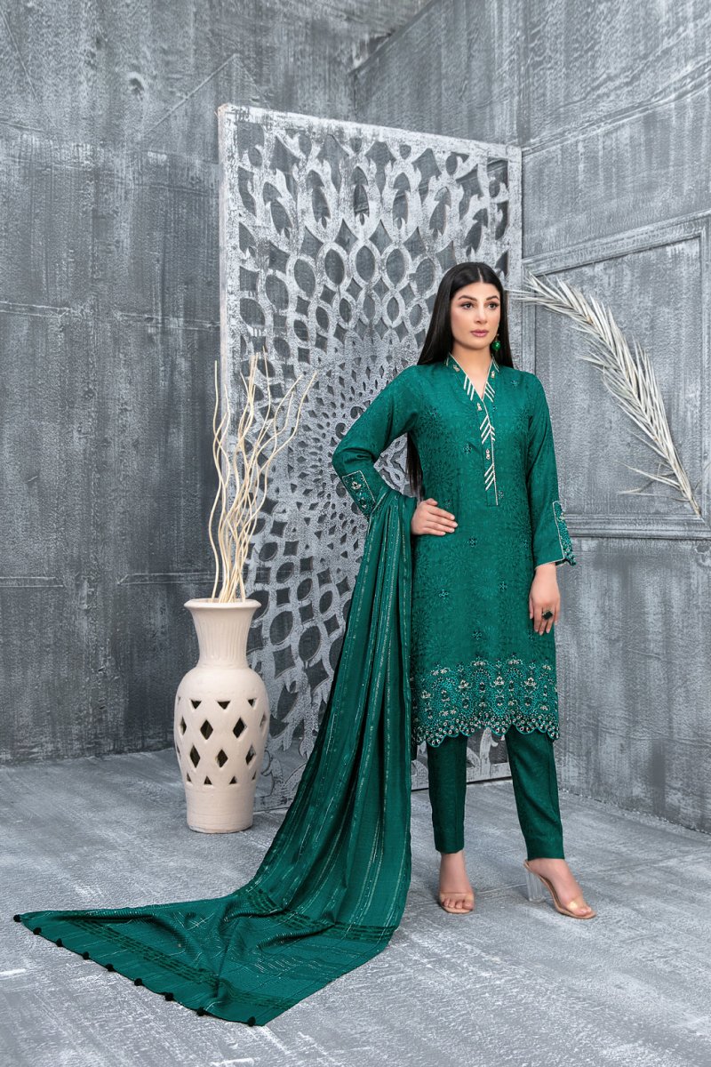 Tawakkal Fabrics 3 Piece Stitched Boti with Daman Boring Embroidered Leather Peach Jacquard Suit D-9838