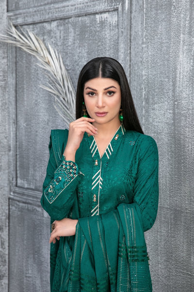 Tawakkal Fabrics 3 Piece Stitched Boti with Daman Boring Embroidered Leather Peach Jacquard Suit D-9838