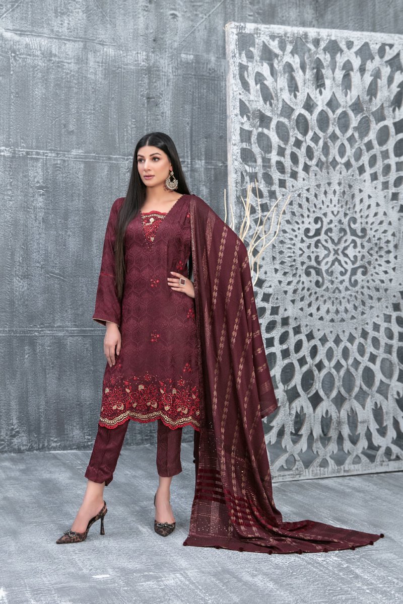 Tawakkal Fabrics 3 Piece Stitched Boti with Daman Boring Embroidered Leather Peach Jacquard Suit D-9839