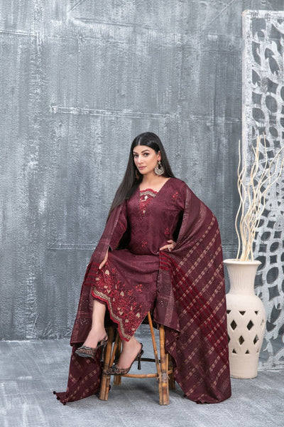 Tawakkal Fabrics 3 Piece Stitched Boti with Daman Boring Embroidered Leather Peach Jacquard Suit D-9839