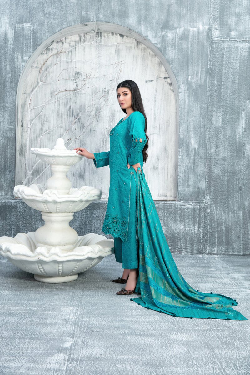 Tawakkal Fabrics 3 Piece Stitched Boti with Daman Boring Embroidered Leather Peach Jacquard Suit D-9842