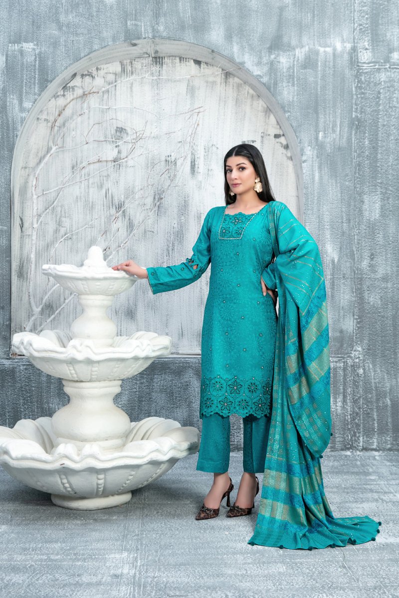 Tawakkal Fabrics 3 Piece Stitched Boti with Daman Boring Embroidered Leather Peach Jacquard Suit D-9842