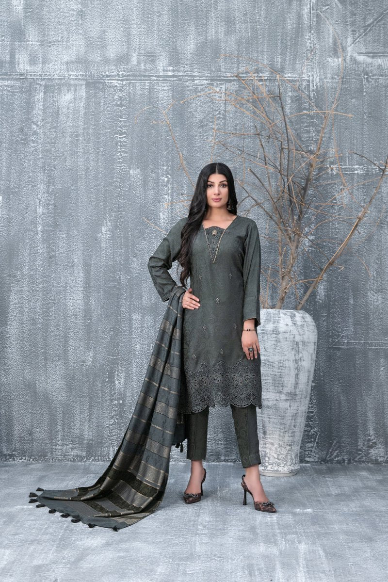 Tawakkal Fabrics 3 Piece Stitched Boti with Daman Boring Embroidered Leather Peach Jacquard Suit D-9845