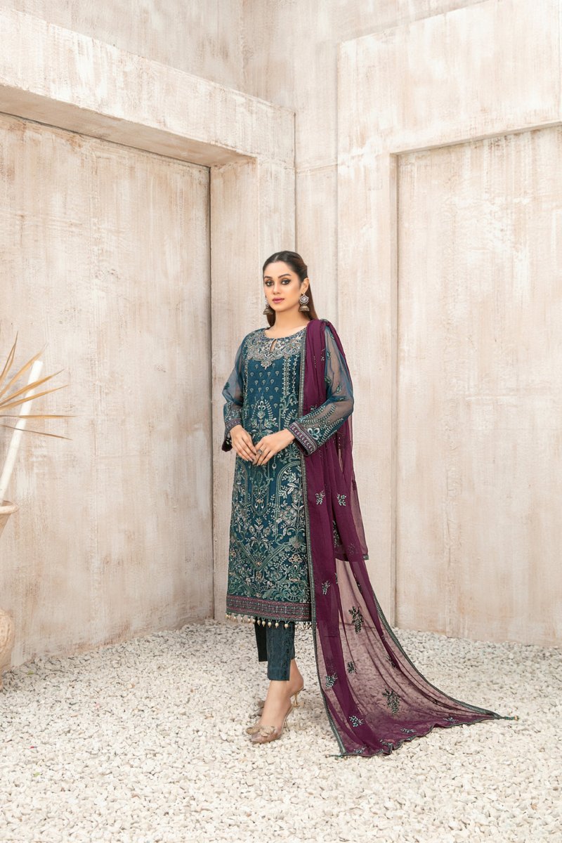 Tawakkal Fabrics 3 Piece Stitched Fancy Heavy Embroidered Organza Suit - D-9934