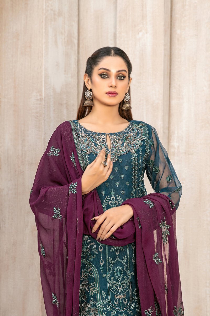 Tawakkal Fabrics 3 Piece Stitched Fancy Heavy Embroidered Organza Suit - D-9934