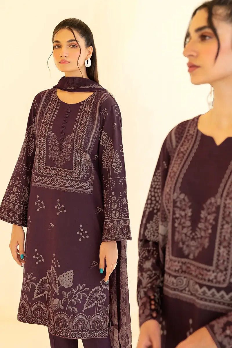 Ramsha 3 Piece Stitched Digital Printed Khaddar Suit - E-208 - Mahogany