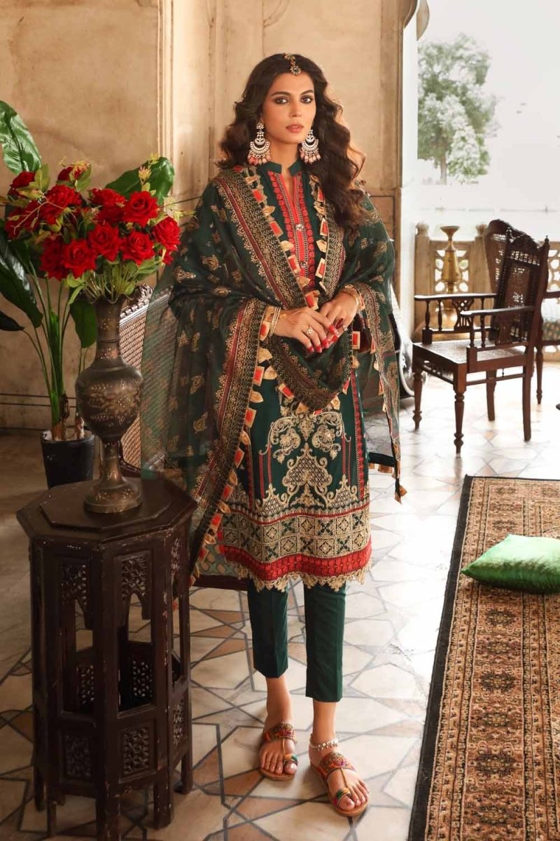 Gul Ahmed Ready To Wear 3 PC Embroidered Lawn Suit with Gold Printed Cotton Net Dupatta FE-12246