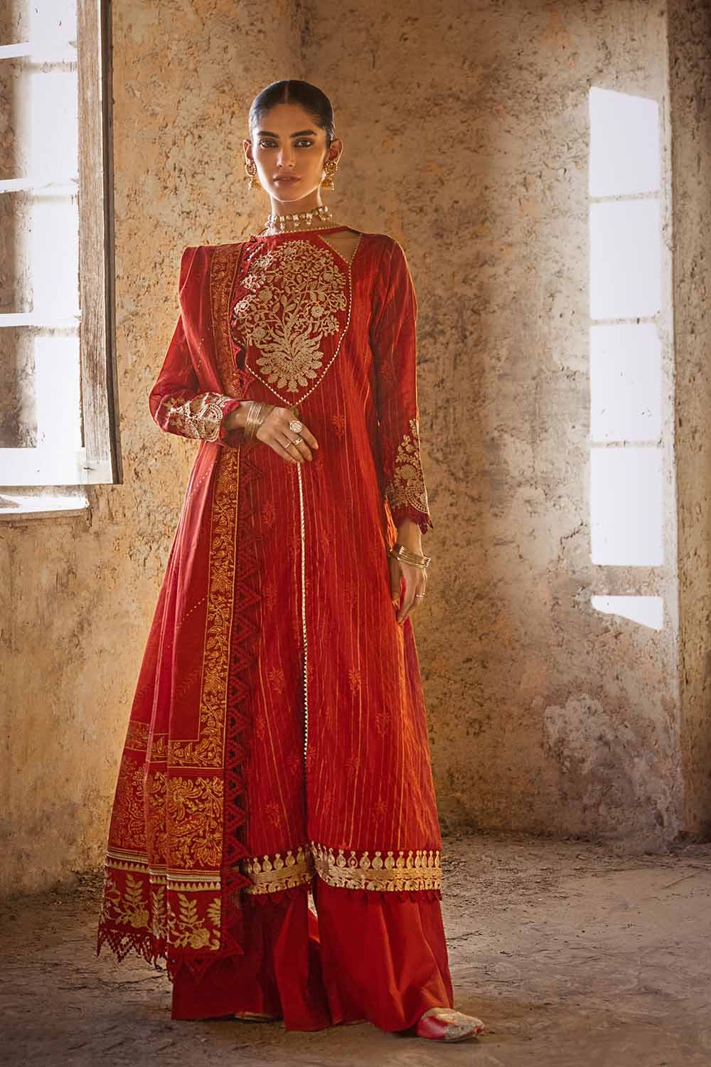 Gul Ahmed 3PC Embroidered Lacquer Printed Zari Stripe Unstitched Suit with Gold & Lacquer Printed Mehsuri Dupatta with Embroidered Mehsuri Border FE-32088