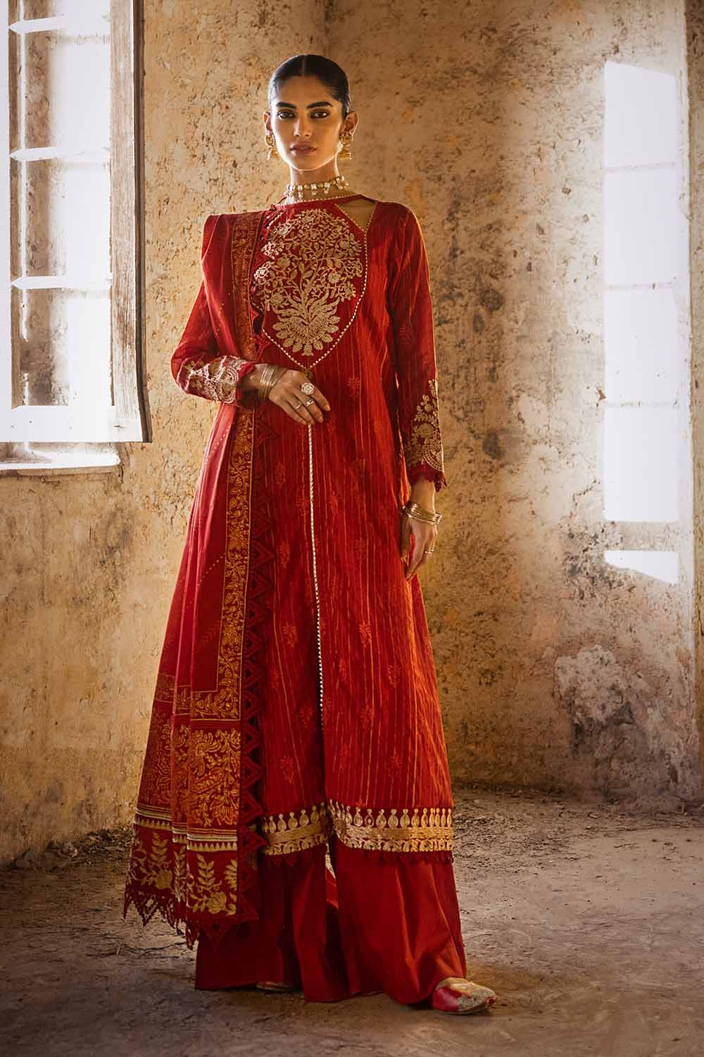 Gul Ahmed 3PC Embroidered Lacquer Printed Zari Stripe Unstitched Suit with Gold & Lacquer Printed Mehsuri Dupatta with Embroidered Mehsuri Border FE-32088
