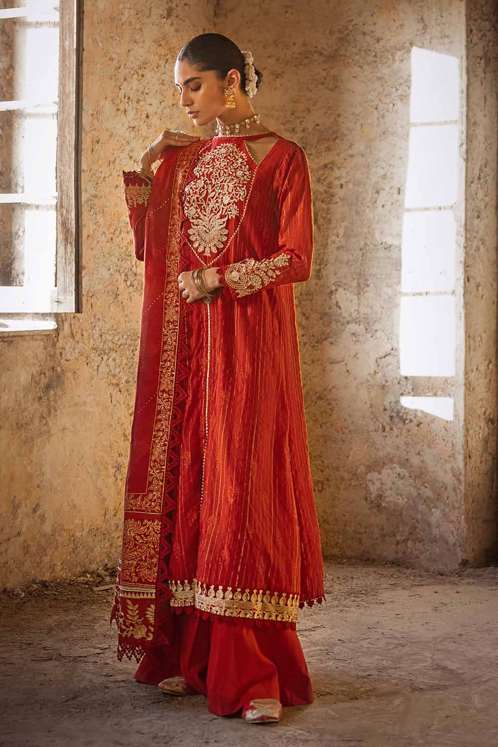 Gul Ahmed 3PC Embroidered Lacquer Printed Zari Stripe Unstitched Suit with Gold & Lacquer Printed Mehsuri Dupatta with Embroidered Mehsuri Border FE-32088