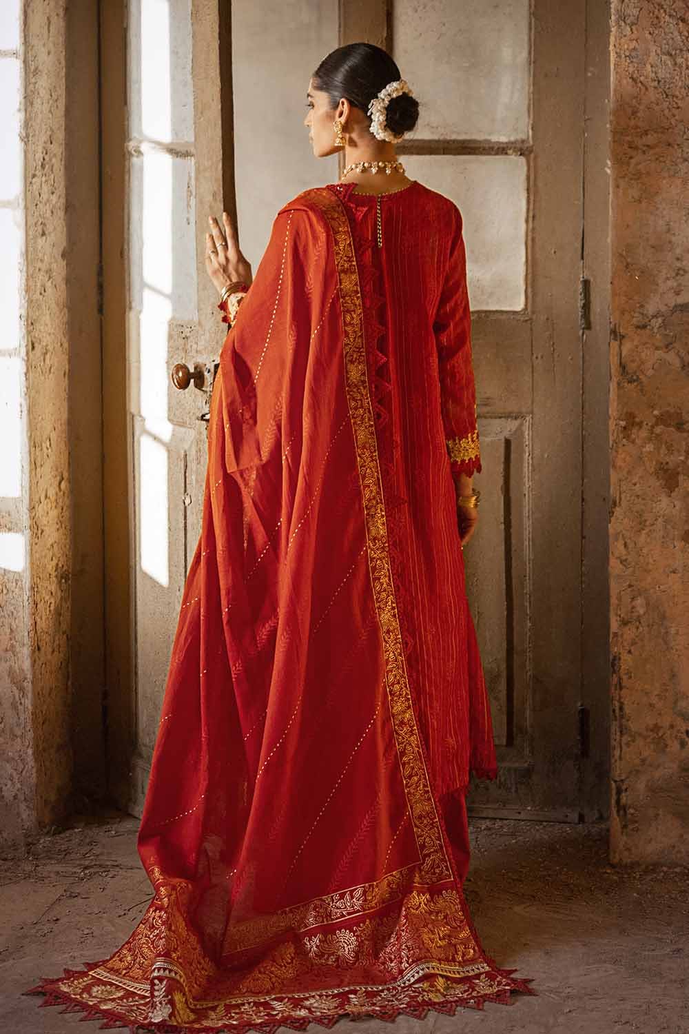 Gul Ahmed 3PC Embroidered Lacquer Printed Zari Stripe Unstitched Suit with Gold & Lacquer Printed Mehsuri Dupatta with Embroidered Mehsuri Border FE-32088