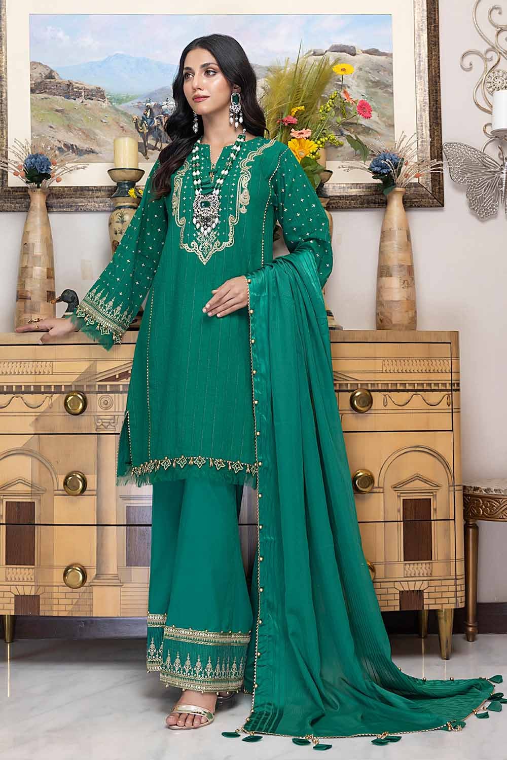Gul Ahmed 3PC Embroidered Stripe Lawn Unstitched Suit with Jacquard Dupatta FE-32090