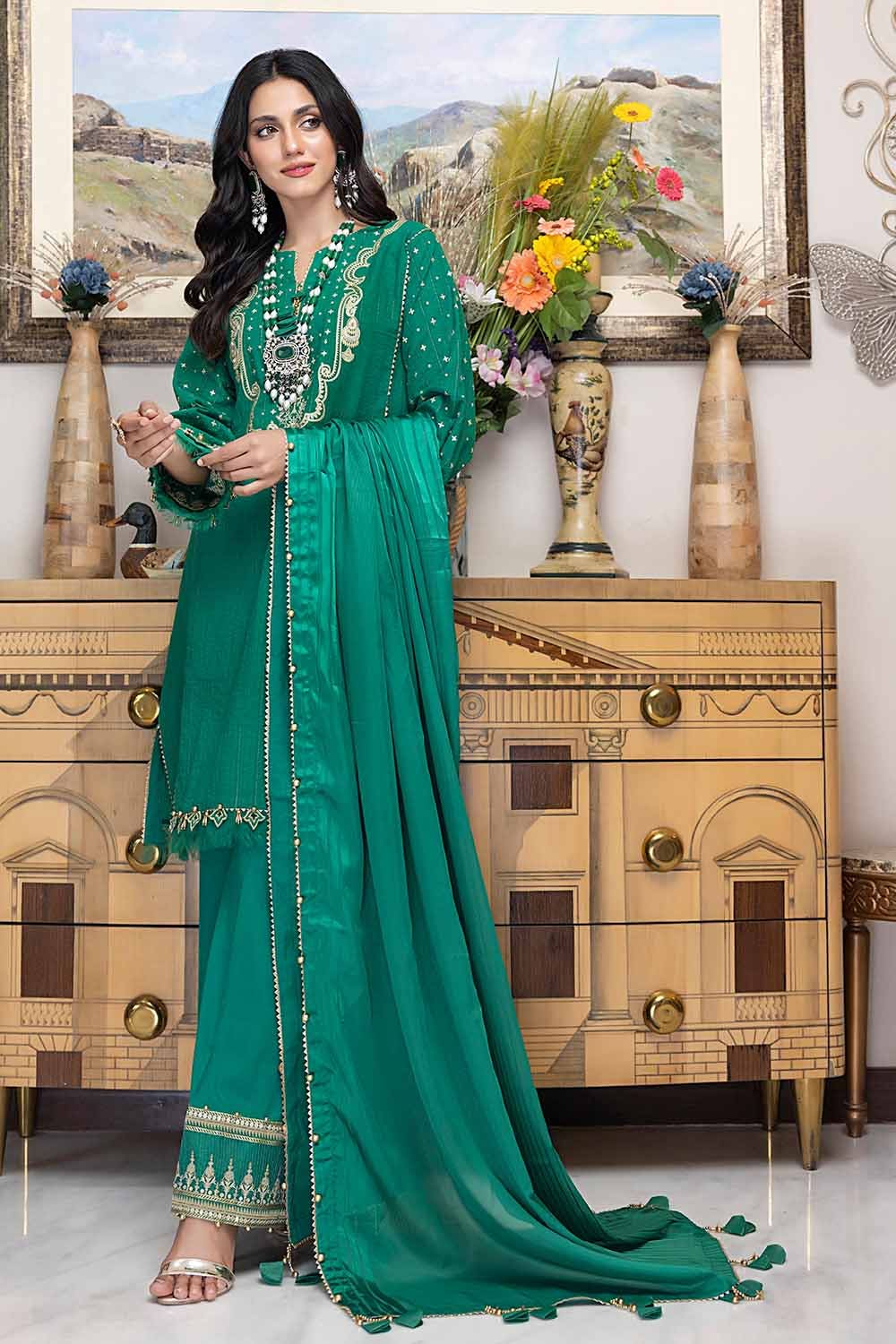 Gul Ahmed 3PC Embroidered Stripe Lawn Unstitched Suit with Jacquard Dupatta FE-32090