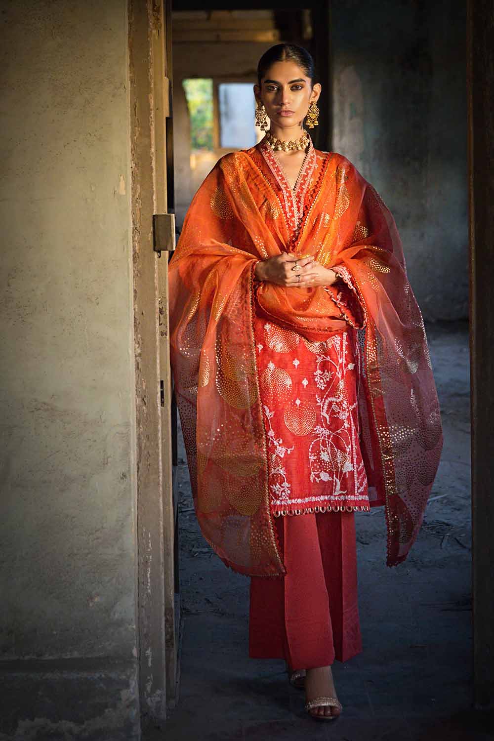 Gul Ahmed 3PC Embroidered Foil Printed Nylon Unstitched Suit with Foil Printed Organza Dupatta FE-32110