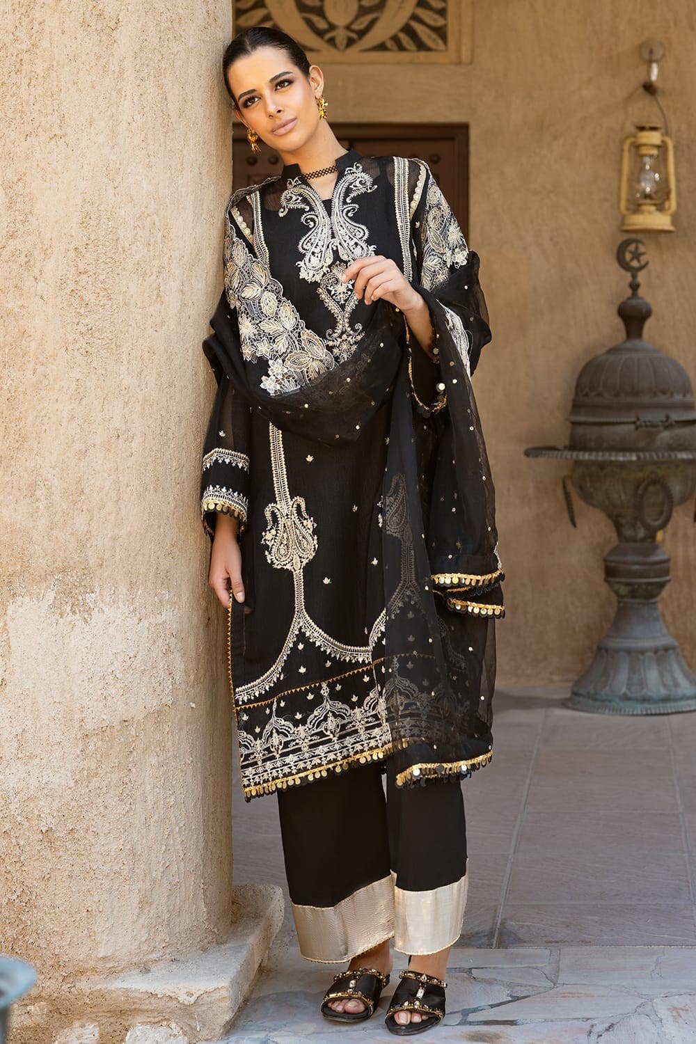 Gul Ahmed 3PC Zari and Sequins Embroidered Cotton Net Unstitched Suit with Zari and Sequins Embroidered Organza Dupatta FE-42020