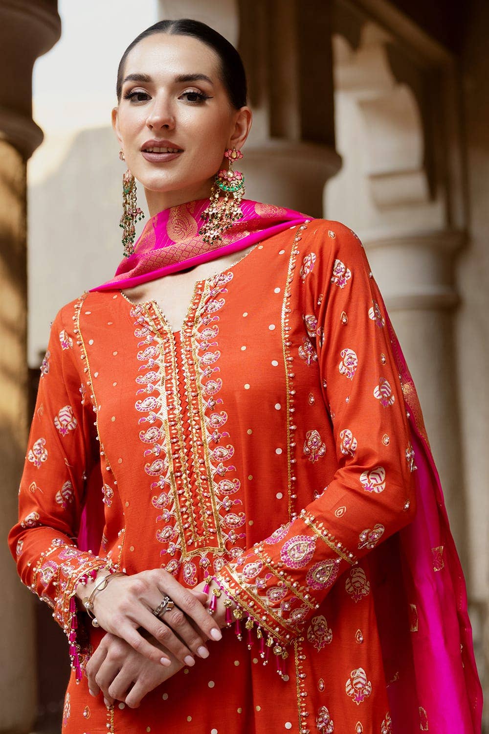 Gul Ahmed 3PC Hand Embroidered Gold and Lacquer Printed Raw Silk Unstitched Suit with Jacquard Dupatta FE-42078