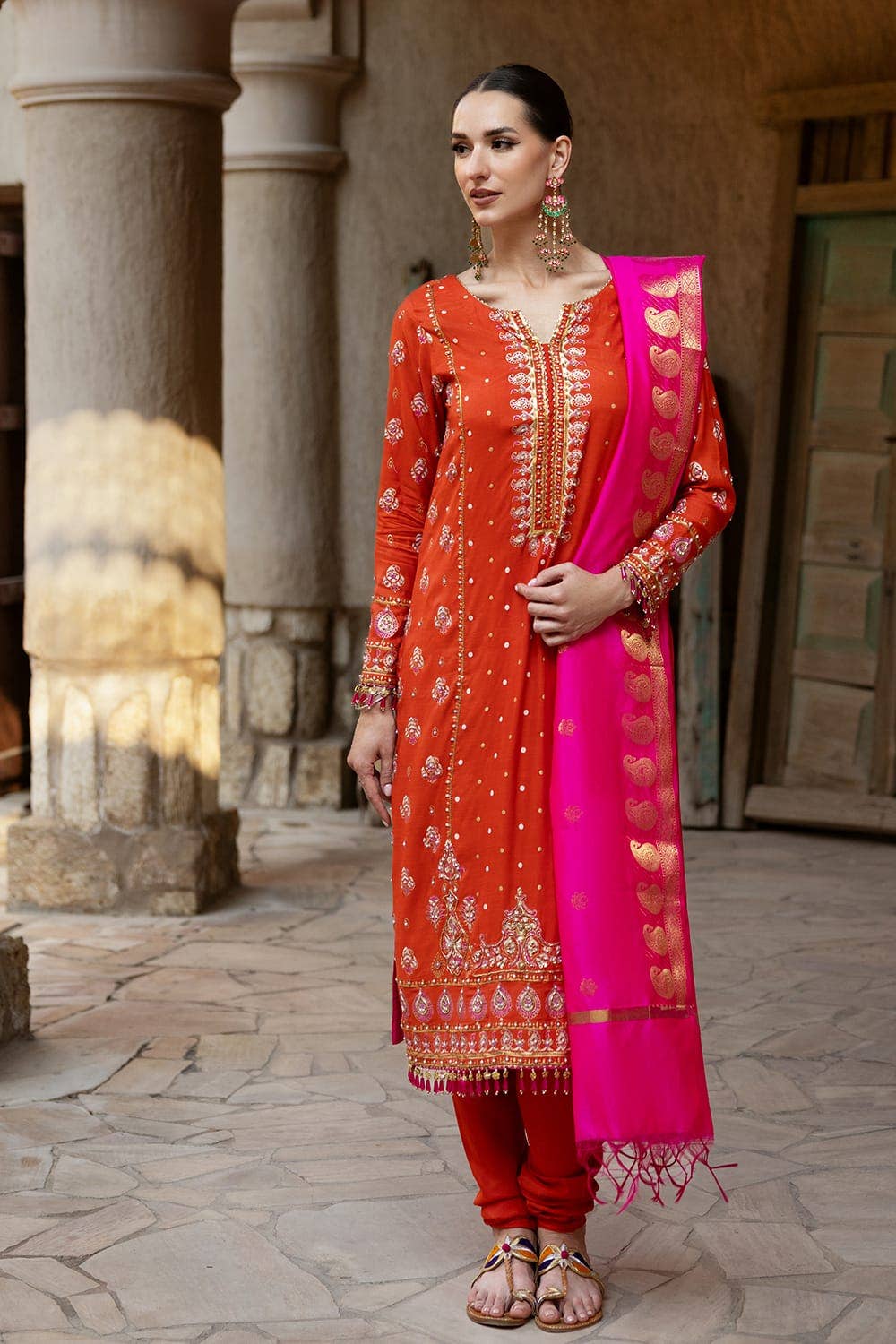 Gul Ahmed 3PC Hand Embroidered Gold and Lacquer Printed Raw Silk Unstitched Suit with Jacquard Dupatta FE-42078