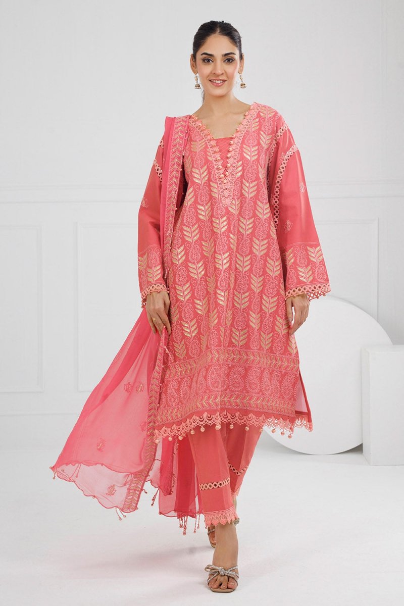 Gul Ahmed 3 Piece Unstitched Embroidered Lawn Suit with Embroidered Chiffon Dupatta FE-52148
