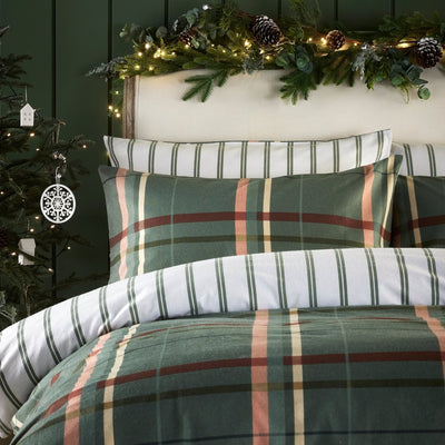 Vantona Essentials Range Brushed Plaid Green Duvet Cover Set - Christmas Bedding