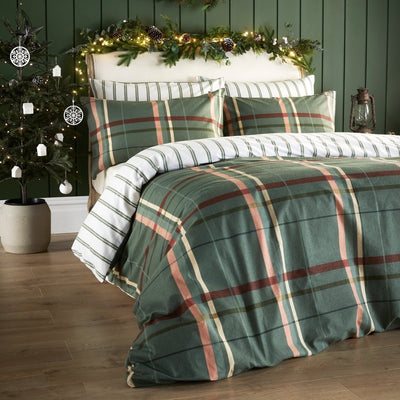 Vantona Essentials Range Brushed Plaid Green Duvet Cover Set - Christmas Bedding