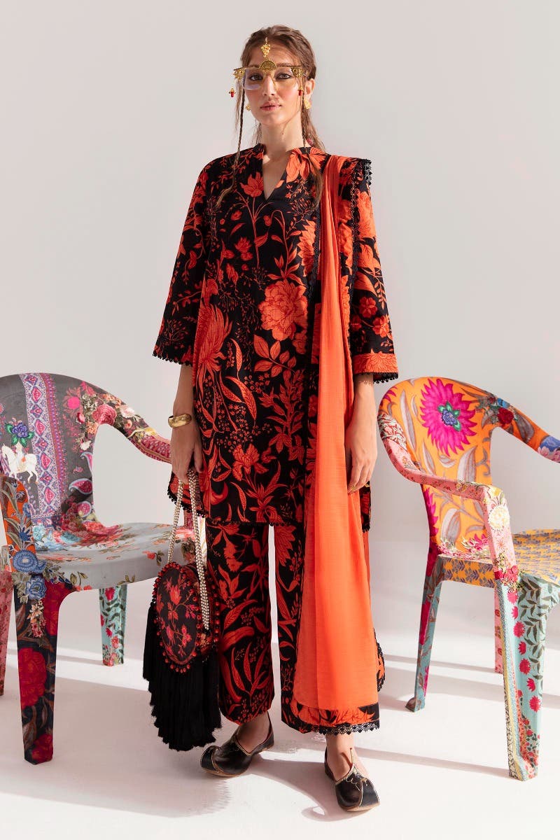 SANA SAFINAZ 3 Piece Unstitched F/B Printed Shirt with Rotary Printed Dupatta On Cambric - H232-009B-AQ