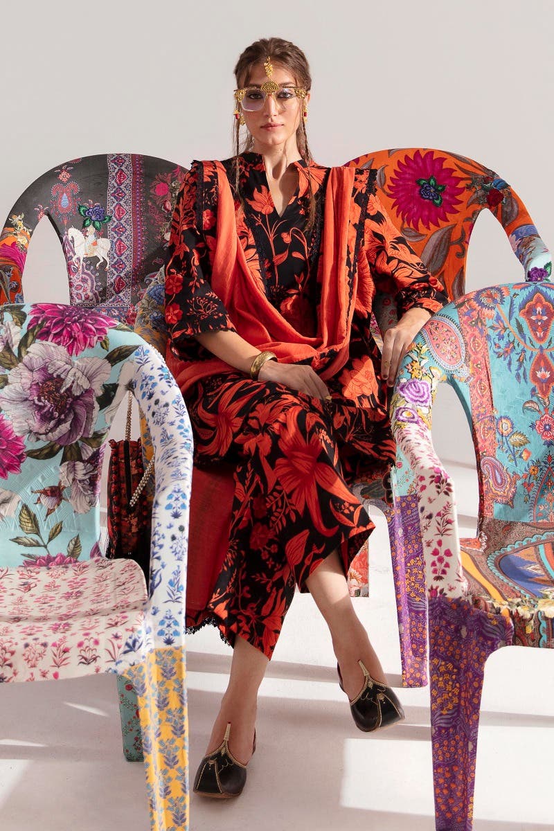 SANA SAFINAZ 3 Piece Unstitched F/B Printed Shirt with Rotary Printed Dupatta On Cambric - H232-009B-AQ