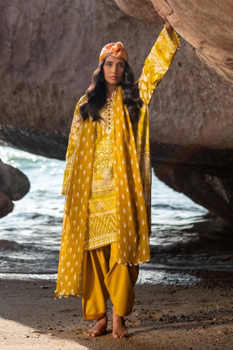 SANA SAFINAZ 3 Piece Stitched Flatbed Lawn Shirt with Rotary Printed Chiffon Dupatta - H241-005B-3CI