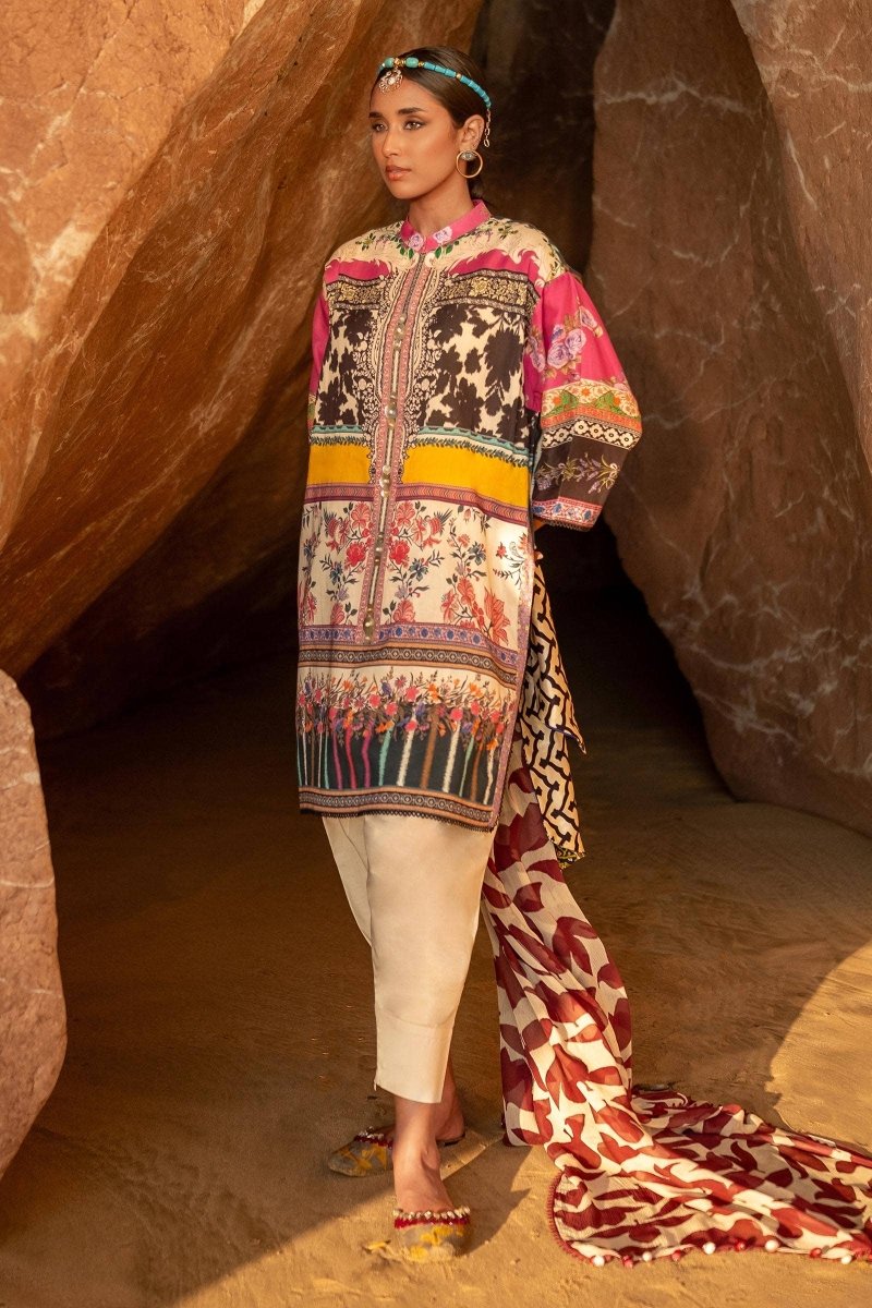 SANA SAFINAZ 2 Piece Unstitched Digital On Lawn Shirt with Rotary Printed Dupatta On Chiffon - H241-027A-2I