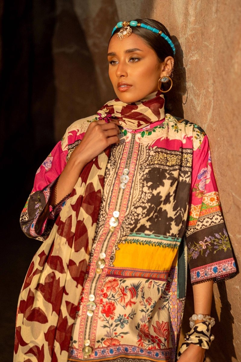 SANA SAFINAZ 2 Piece Unstitched Digital On Lawn Shirt with Rotary Printed Dupatta On Chiffon - H241-027A-2I