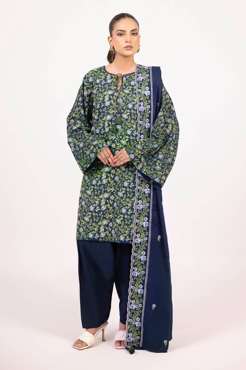 Gul Ahmed 3 Piece Unstitched Printed Khaddar Shirt With Embroidered Khaddar Dupatta K-52004