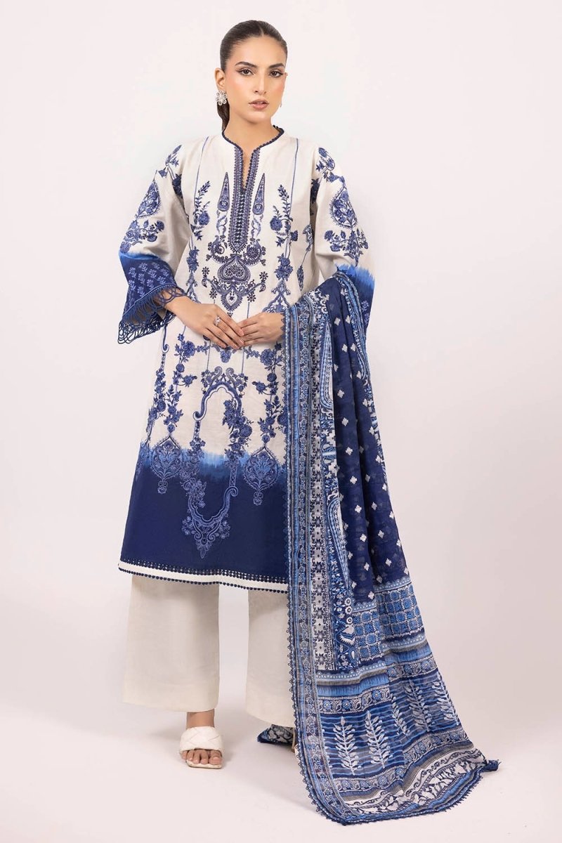 Gul Ahmed 3 Piece Unstitched Printed Embroidered Khaddar Shirt With Printed Stripe Khaddar Dupatta K-52095