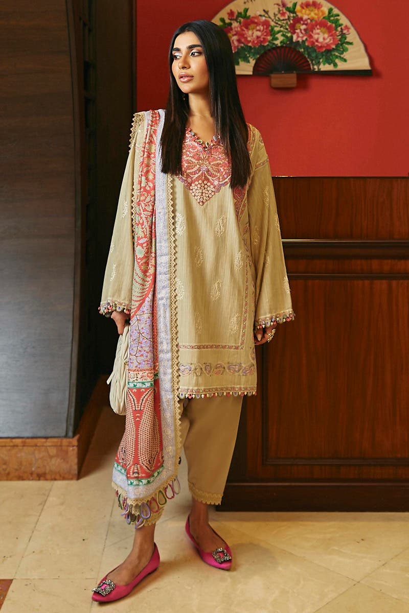 SANA SAFINAZ 3 Piece Unstitched Dyed Slub Shirt with Digital Printed Pashmina Shawl - M233-012A-CP