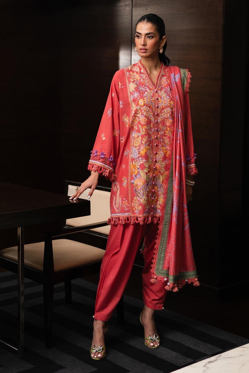 SANA SAFINAZ 3 Piece Unstitched Dyed Slub Shirt with Printed Pashmina Shawl - M233-020B-CP