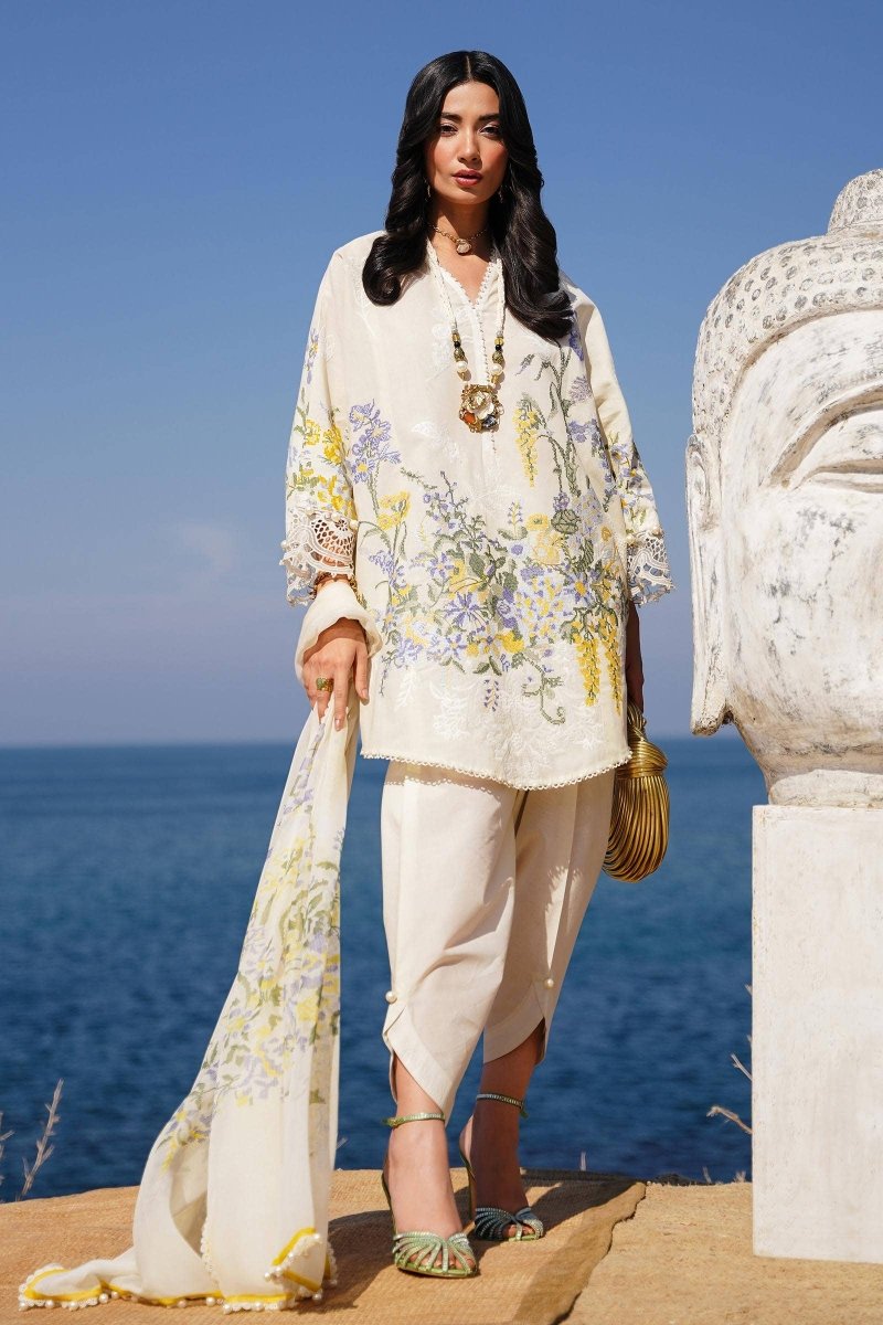 SANA SAFINAZ 3 Piece Unstitched Front Embroidered Kali On Lawn Shirt with Printed Silver Chiffon Dupatta - M241-006A-3CJ