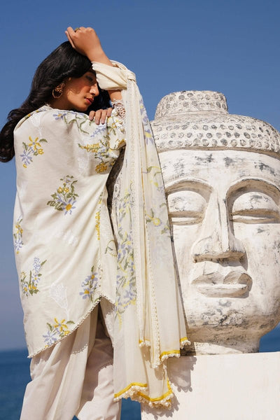 SANA SAFINAZ 3 Piece Unstitched Front Embroidered Kali On Lawn Shirt with Printed Silver Chiffon Dupatta - M241-006A-3CJ