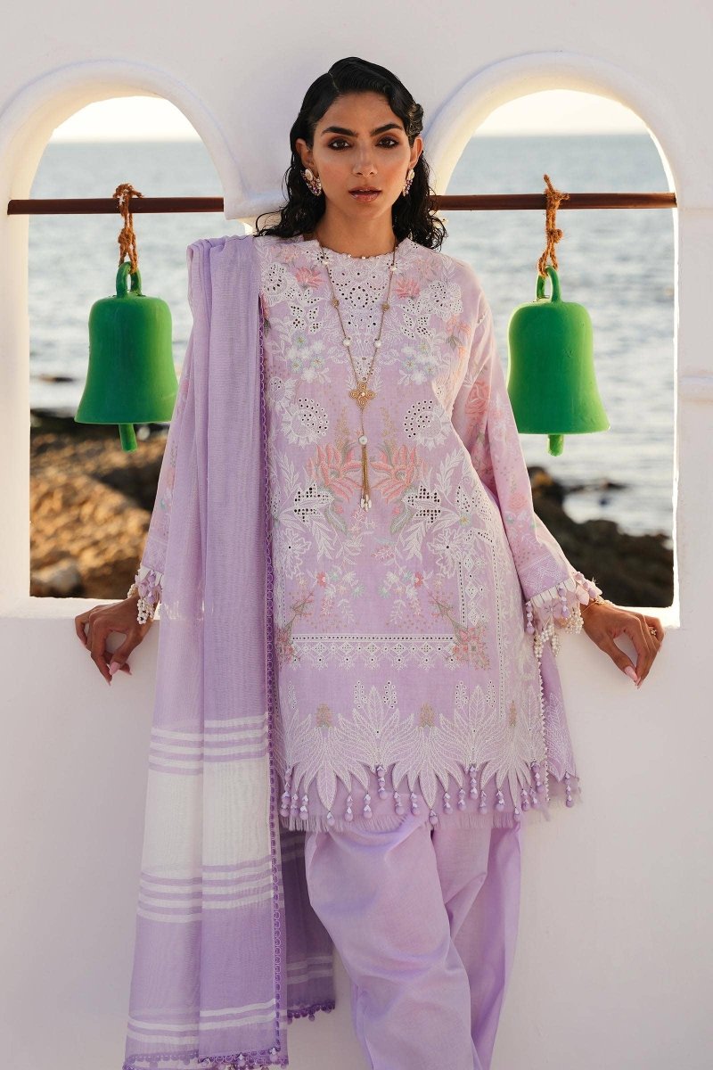 SANA SAFINAZ 3 Piece Unstitched Front Embroidered Kali On Lawn Shirt with Yarn Dyed Dupatta - M241-009B-3DF