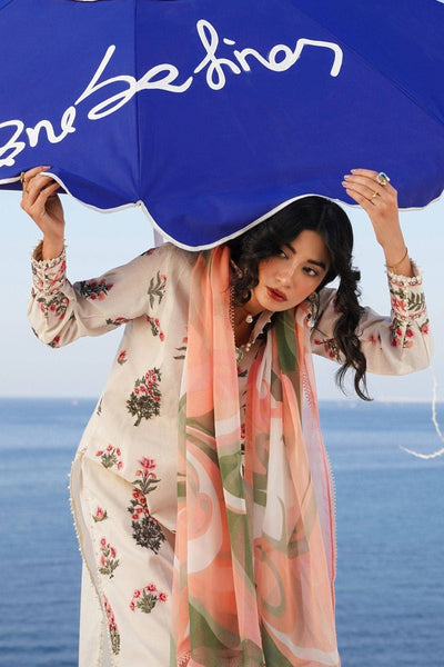 SANA SAFINAZ 3 Piece Unstitched Front Embroidered Kali On Lawn Shirt with Printed Silver Chiffon Dupatta - M241-010A-3CJ