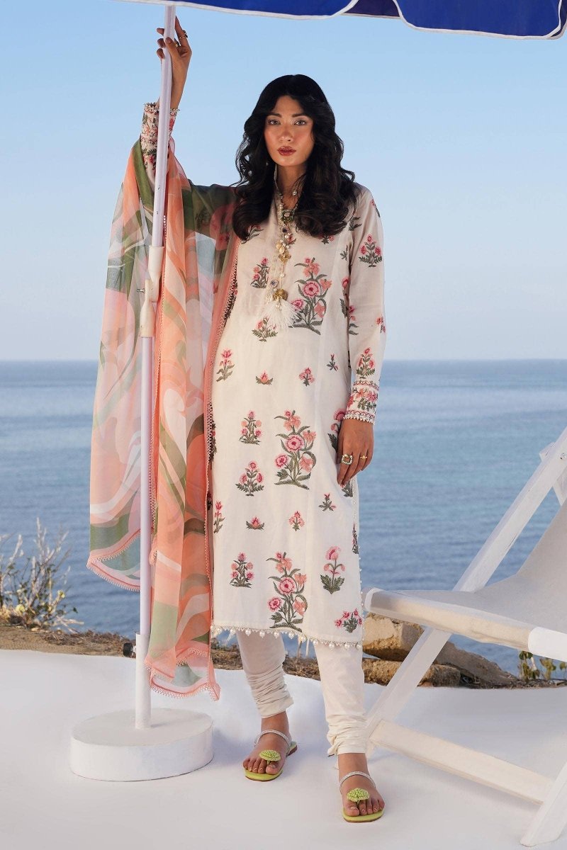 SANA SAFINAZ 3 Piece Unstitched Front Embroidered Kali On Lawn Shirt with Printed Silver Chiffon Dupatta - M241-010A-3CJ